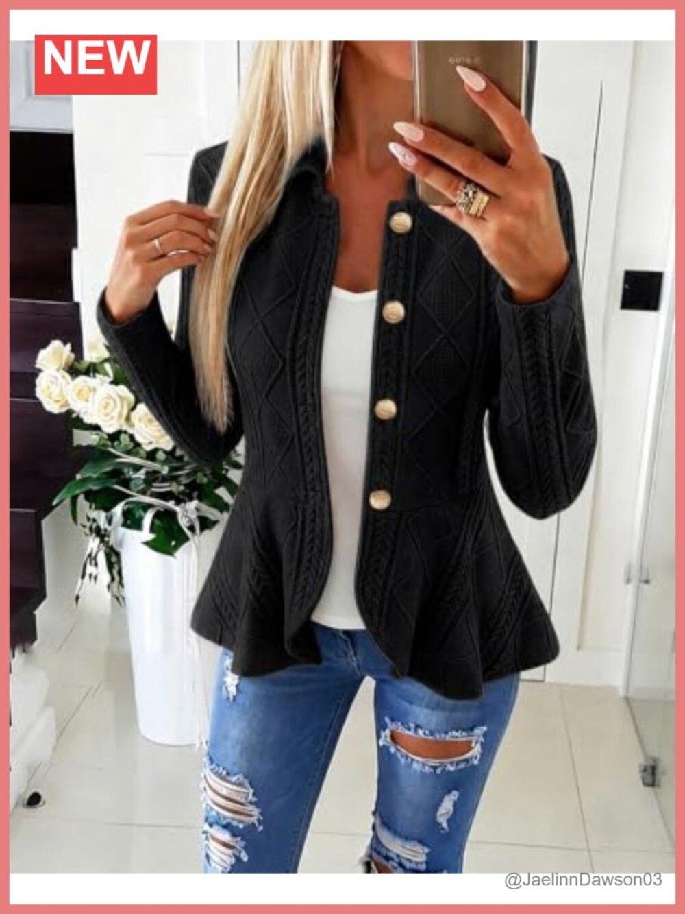 Women's Cable Knit Jacket Ruffle Hem Button Front - Picture 2 of 6